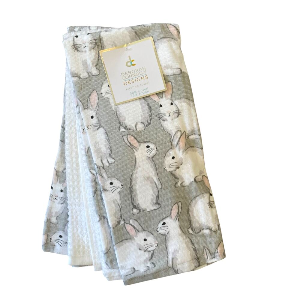 Deborah Connolly Easter Bunny Kitchen Towels 3pk White Gray Spring Decor New